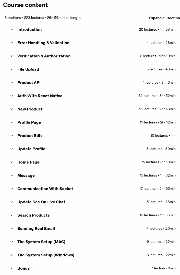 Course topics · Full Stack React Native: Advanced & Practical Projects 2025-6