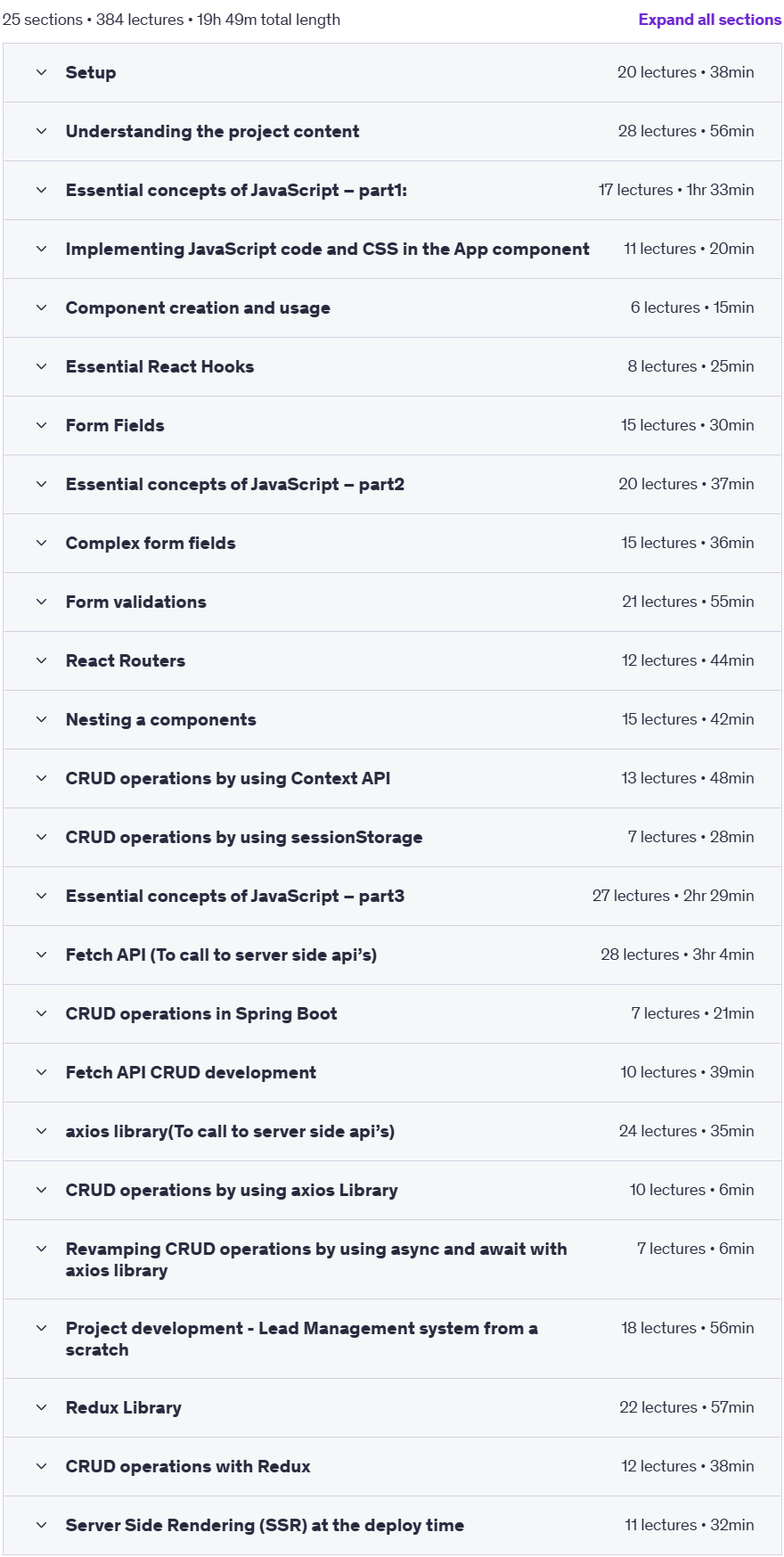 Course topics · Udemy — React JS – A Deep Dive 2025-4
