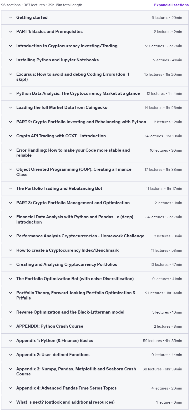 Course topics · Udemy — Automated Cryptocurrency Portfolio Investing with Python A-Z 2025-2