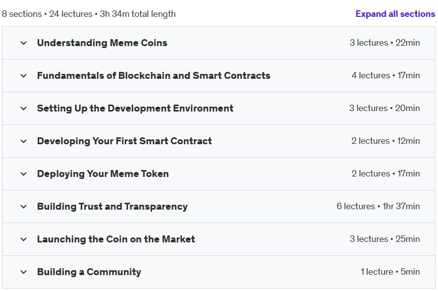 Course topics · Udemy — Ultimate Guide to Launching a Meme Coin on Base [2024] 2024-8
