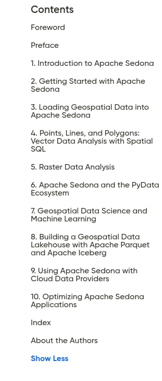 Course topics · Oreilly — Cloud Native Geospatial Analytics with Apache Sedona 2025