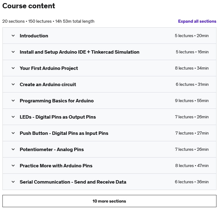 Course topics · Udemy — Arduino For Beginners – 2022 Complete Course 2022-4