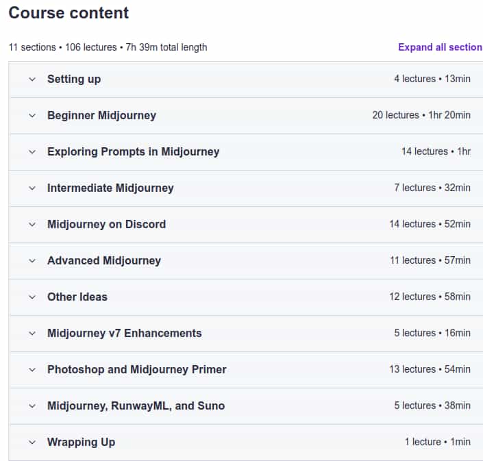 Course topics · Udemy — Create Beautiful Imagery with Midjourney A.I. 2025-4