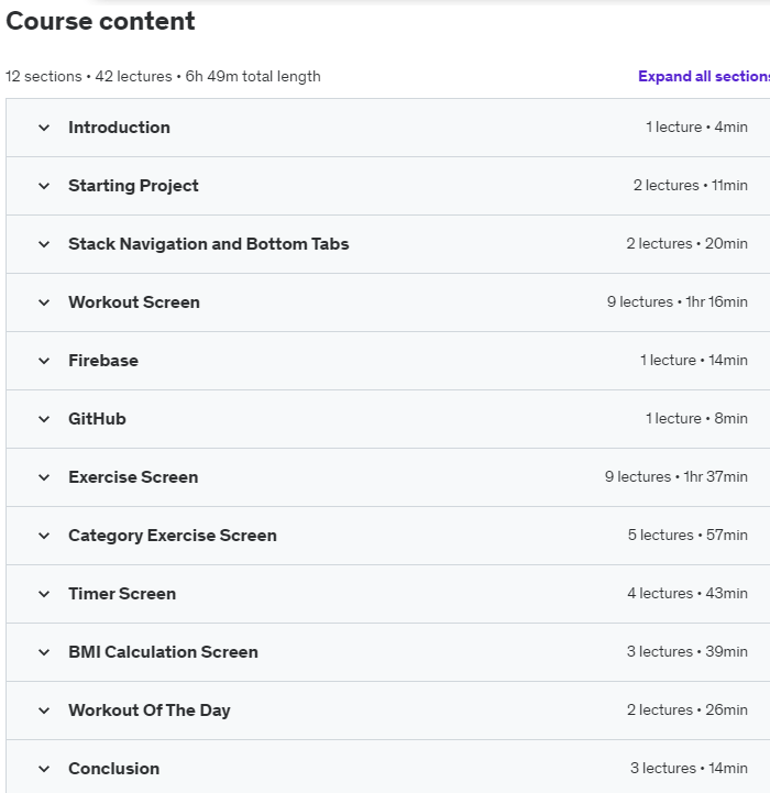 Course topics · Udemy — React Native Fitness Application with Firebase 2023-11