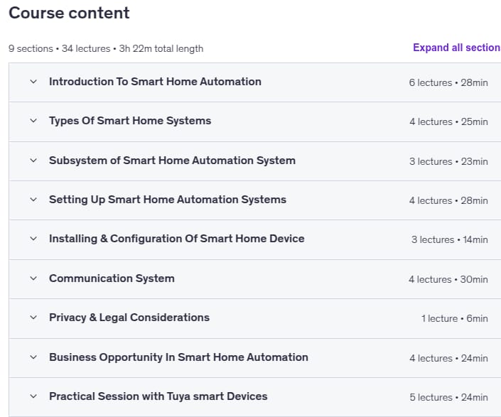 Course topics · Udemy — Complete Smart Home Automation Installation Training 2025-6