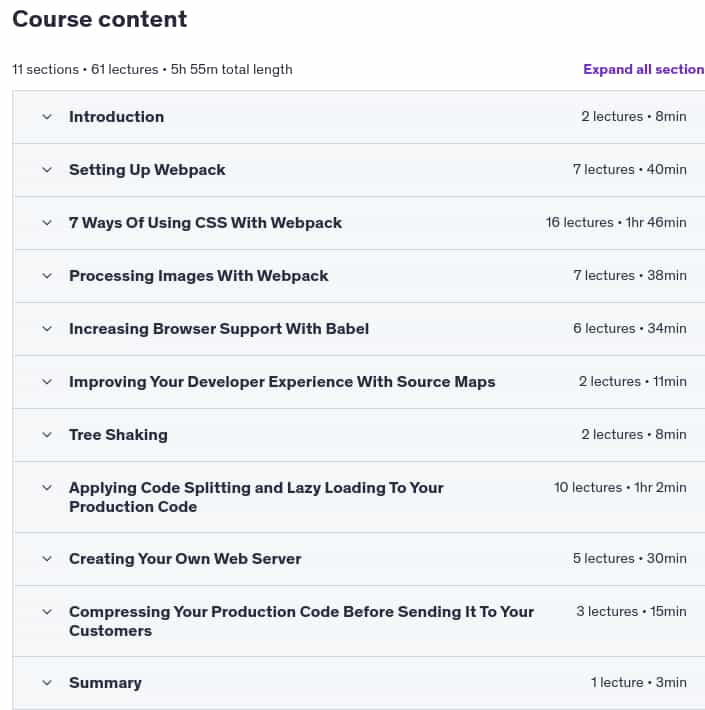 Course topics · Udemy — Webpack 5: Optimizing For Production 2025-1