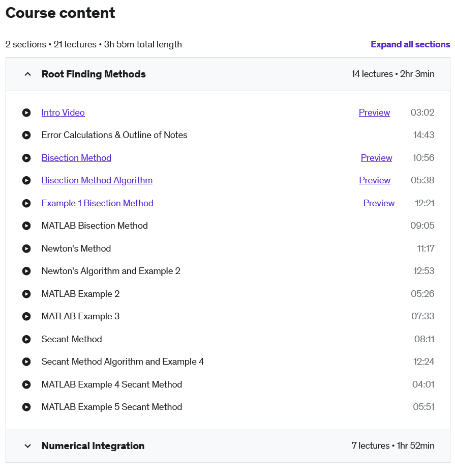 Course topics · Udemy — Numerical Methods in MATLAB for Engineering Students Part 1 2019-12