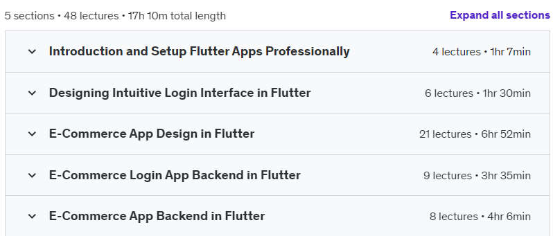 Course topics · Udemy — Learn to Design Professional eCommerce App in Flutter 2024-5