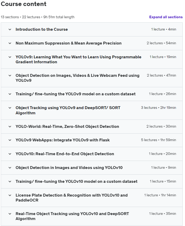 Course topics · Udemy — YOLOv9 & YOLOv10: Learn Object Detection, Tracking & WebApps 2024-7