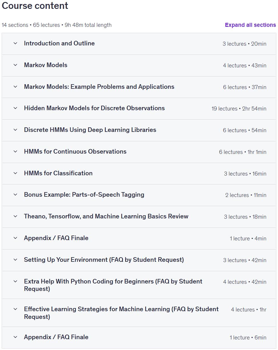Course topics · Udemy — Unsupervised Machine Learning Hidden Markov Models in Python 2025-11