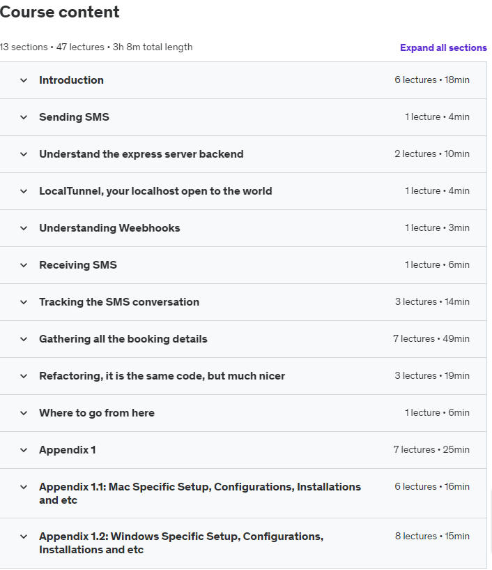 Course topics · Twilio / Node – SMS booking system using Twilio and Node.Js 2021-4