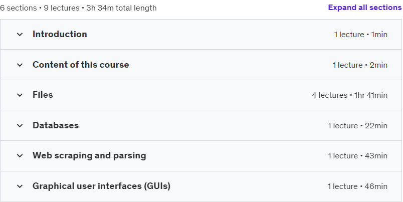 Course topics · Udemy — Python applications – files, databases, web pages and GUIs 2023-5