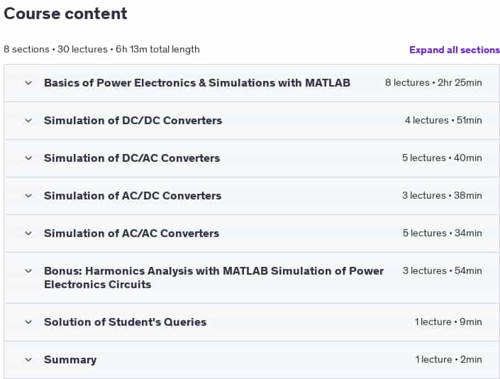 Course topics · Udemy — MATLAB for Power Electronics: Simulation & Analysis 2023-6