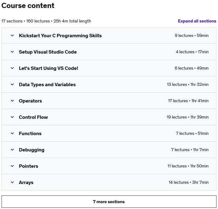 Course topics · Udemy — The Complete C Programming Bootcamp 2021-4