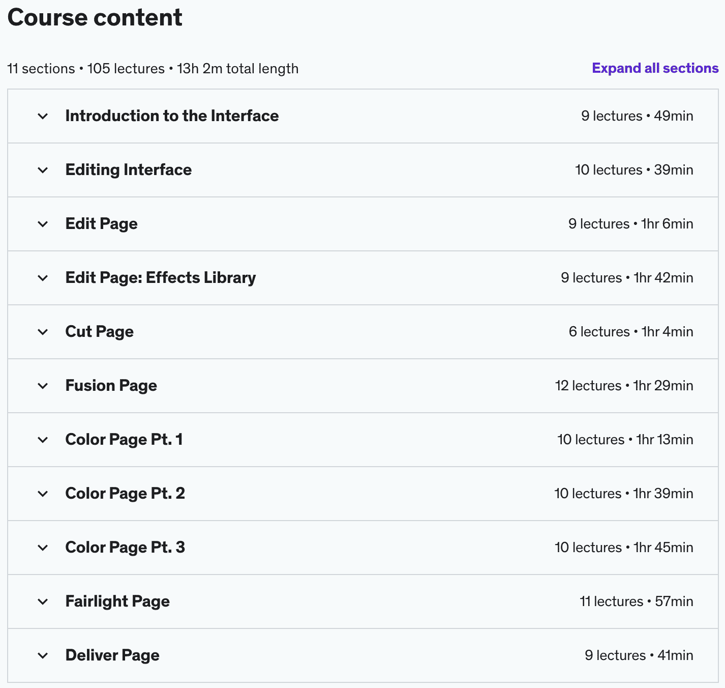 Course topics · Udemy — Complete DaVinci Resolve 17 Megacourse: Beginner to Expert 2022-3