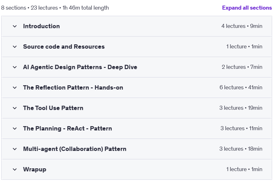 Course topics · Udemy — AI Agentic Design Patterns with Ollama & OpenAI Guide [NEW] 2025-1