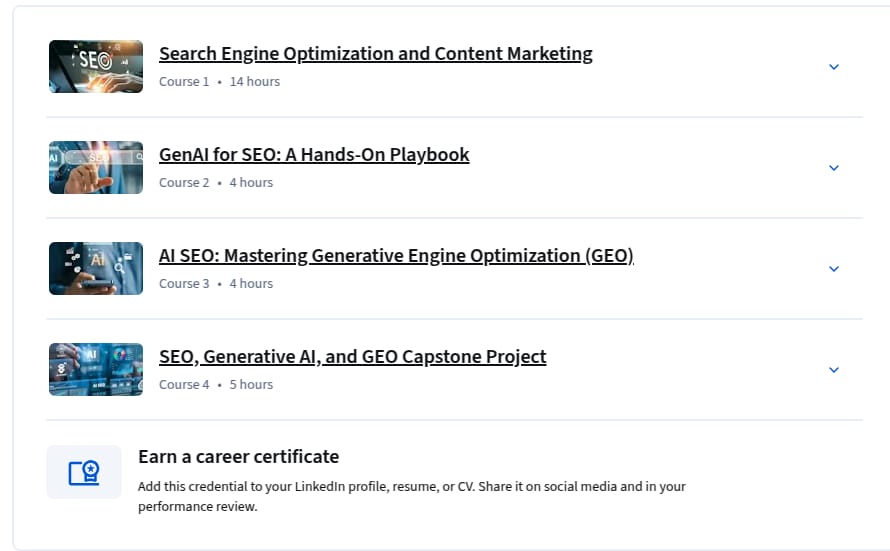 Course topics · SEO Mastery: From Fundamentals to GenAI and GEO Strategies Specialization 2025-12