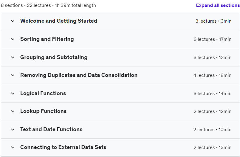 Course topics · Udemy — Foundations of Data Management and Analysis with Excel 2024-2