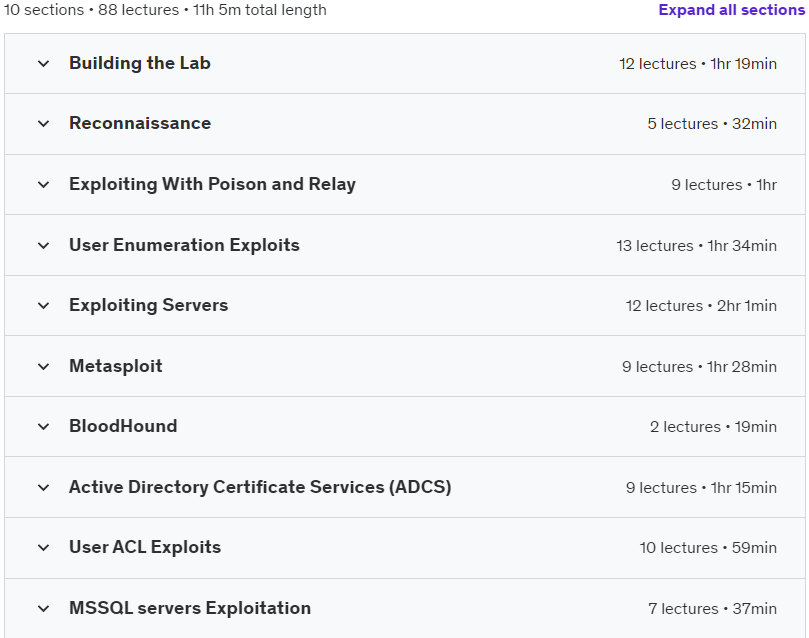 Course topics · Udemy — Attacking Active Directory with Advanced Techniques With Lab 2023-7