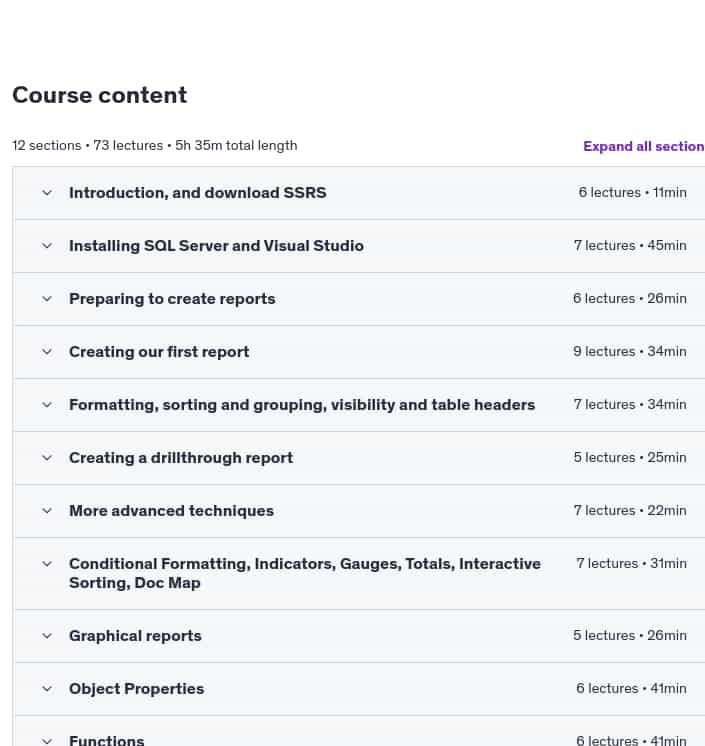 Course topics · Udemy — Microsoft SQL Server Reporting Services (SSRS) 2025-5