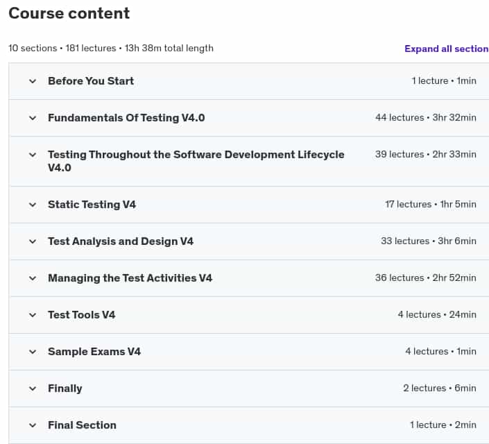 Course topics · Udemy — ISTQB Foundation Level (CTFL) V4.0 + Practice Exams – 2024 2024-12