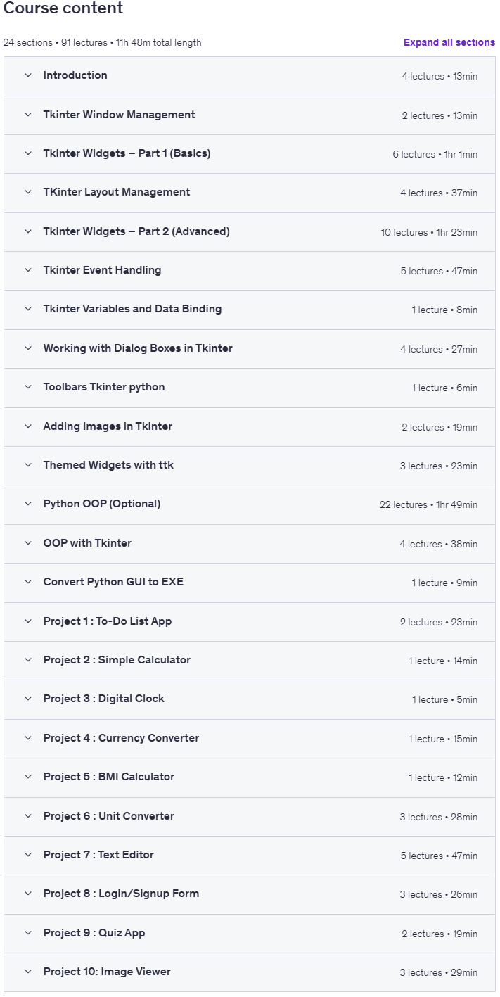 Course topics · Python Tkinter GUI Development : With 10 Project 2025-11