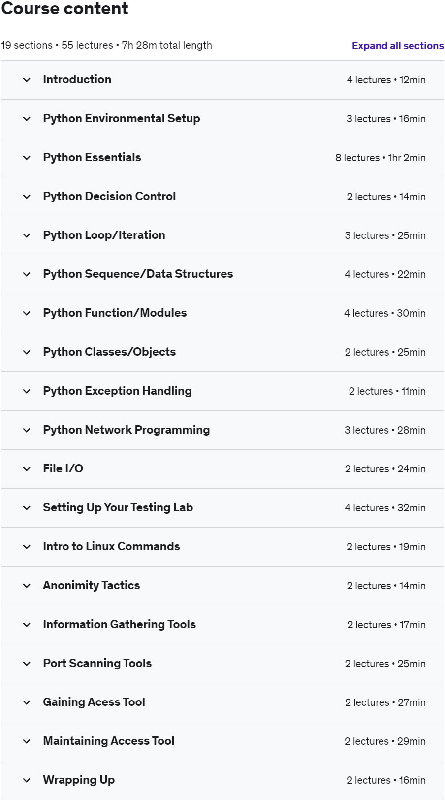 Course topics · Udemy — Python Ethical Hacking MASTERCLASS: Zero to Mastery 2023-3