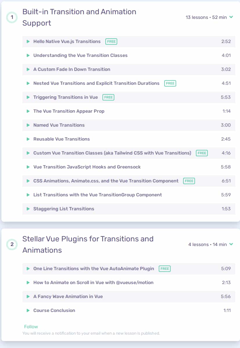 Course topics · Vueschool – Vue.js Transitions and Animations 2023-6