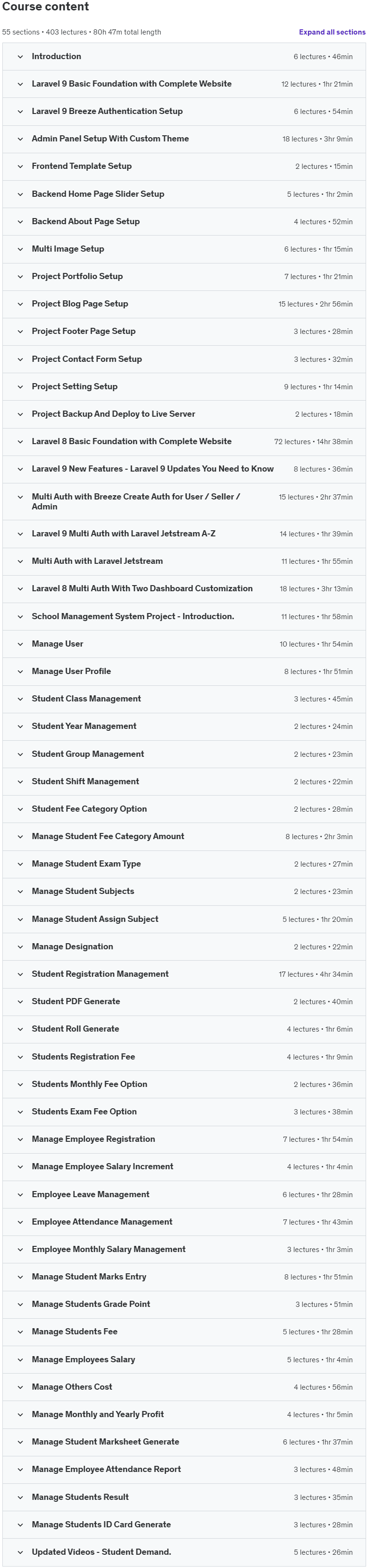 Course topics · Udemy — Laravel 8 – Advance Course Build School Management System 2024-3