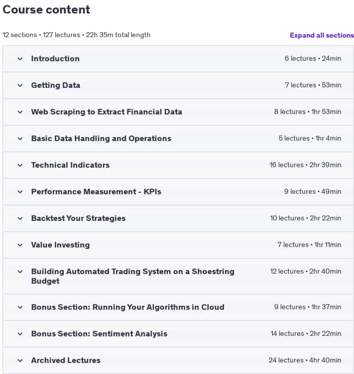 Course topics · Udemy — Algorithmic Trading & Quantitative Analysis Using Python 2025-1