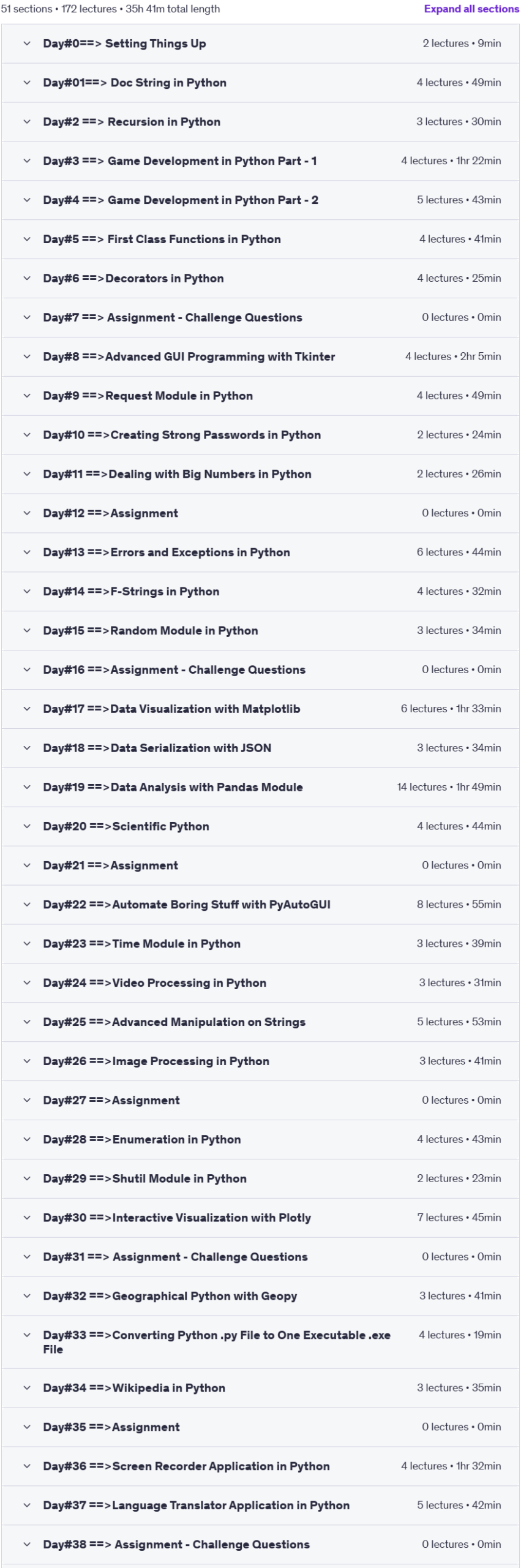 Course topics · Udemy — 50 Days of Learning Advanced Programming in Python 2025-8