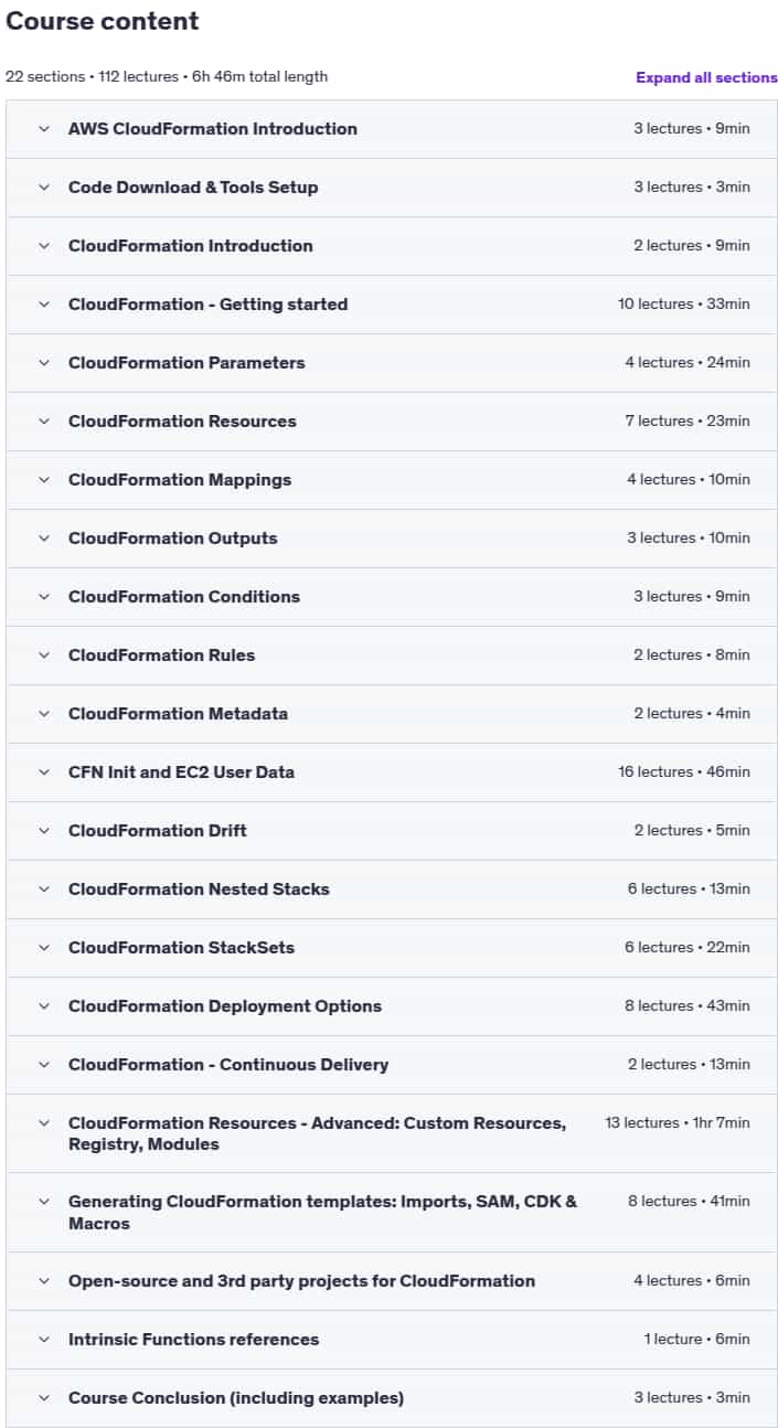 Course topics · Udemy — AWS CloudFormation Master Class v2 [2024] 2024-5