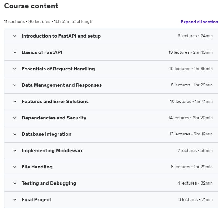 Course topics · Udemy — Complete FastAPI Mastery course 2024-1