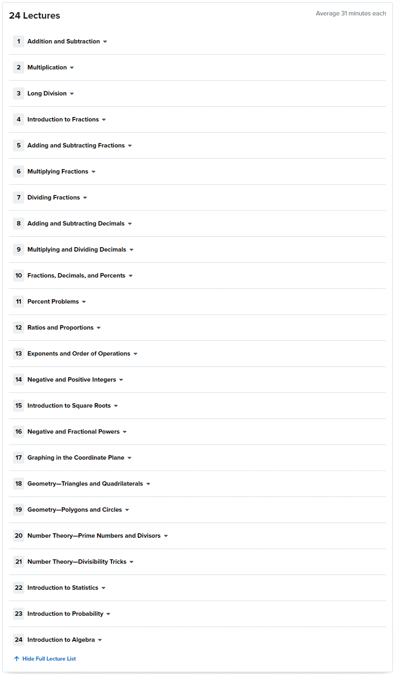 Course topics · The Great Courses — Mastering the Fundamentals of Mathematics 2020-6