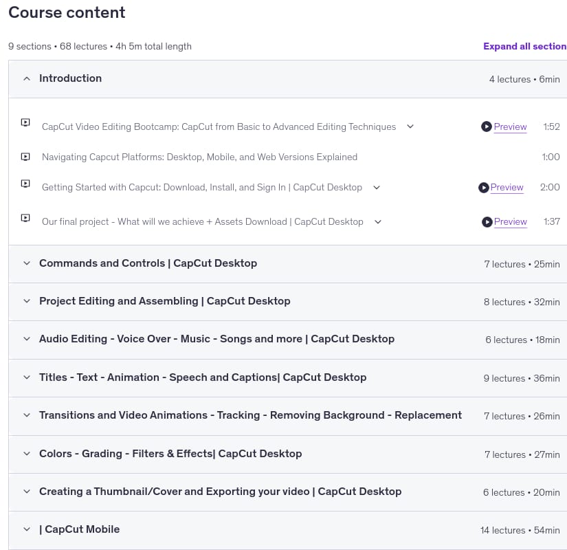 Temas del curso · Redacción de video de CapCut Bootcamp: Basic to Advanced 2025-6