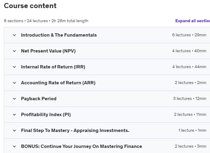 Course topics · Udemy — Investment Appraisal Mastery – NPV, IRR, Payback, PI, ARR 2022-11