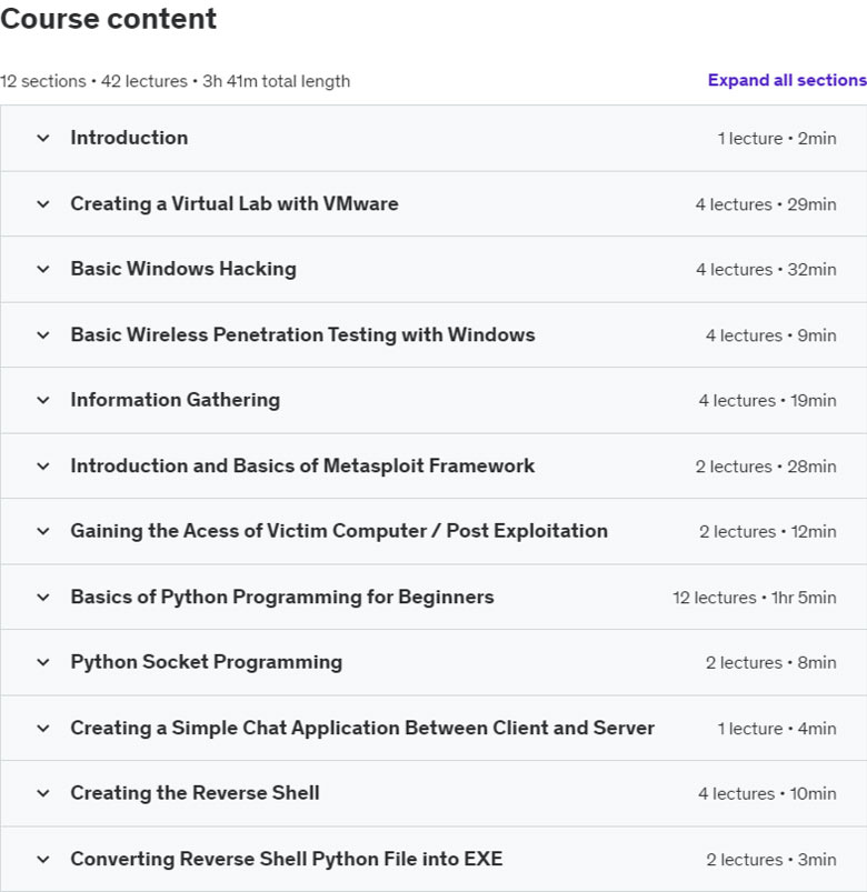 Course topics · Complete Windows Hacking Course with Kali Linux and Python 2023-3