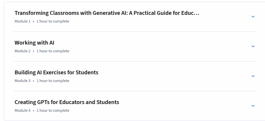 Course topics · Coursera — AI in Education: Leveraging ChatGPT for Teaching 2025-9
