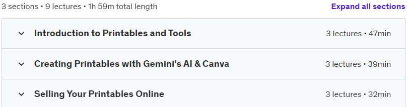 Course topics · Udemy — Create & Sell Printables with Gemini’s AI & Canva 2024-5