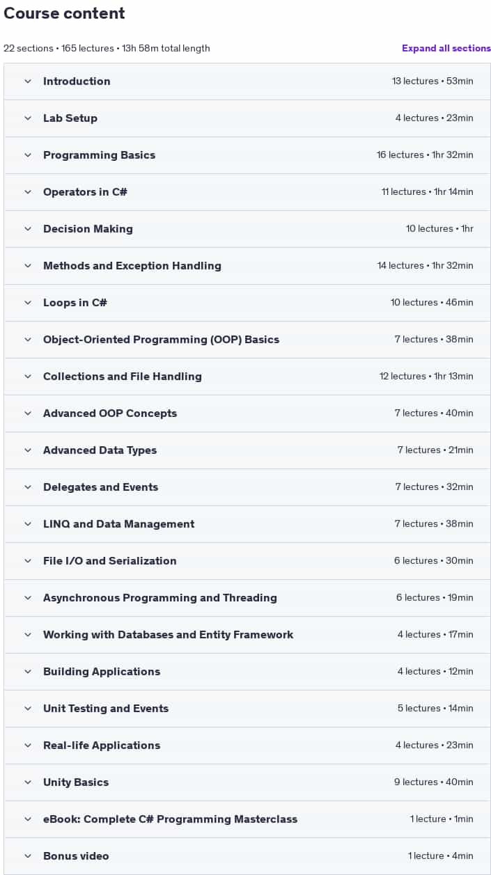 Course topics · Udemy — Complete C# Programming Master Class 2025-5