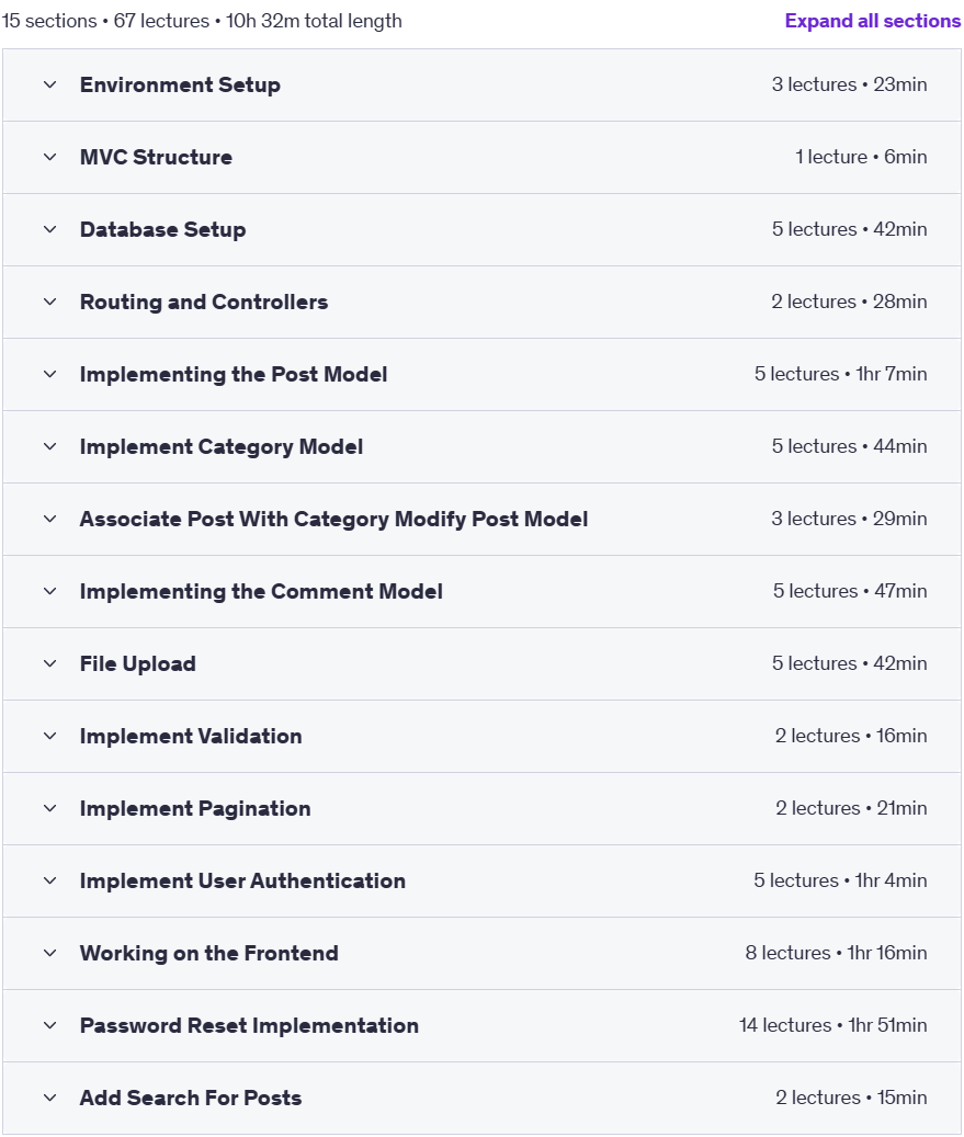 강좌 주제 · 마스터 PHP 8: Scratch에서 PHP MVC 블로그 만들기 2025-1