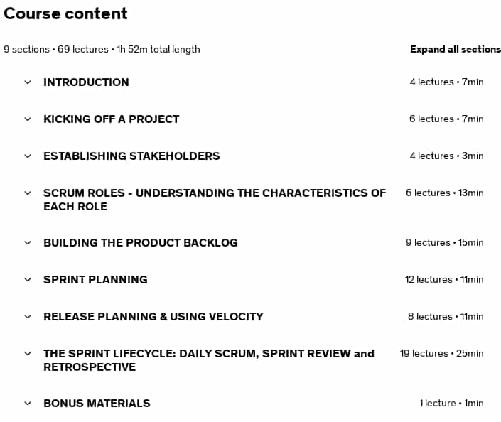 Course topics · Udemy — Agile Project Management+Scrum Step by Step with Examples 2025-4