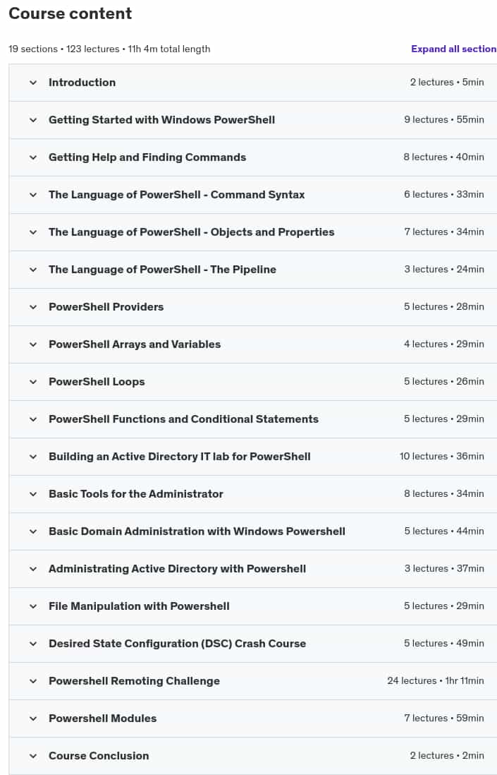 Course topics · Udemy — Introduction to Windows PowerShell 5.1 2024-11
