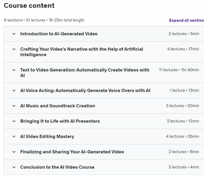 Course topics · Udemy — AI Video Production: Create Videos 100% with AI 2023-12