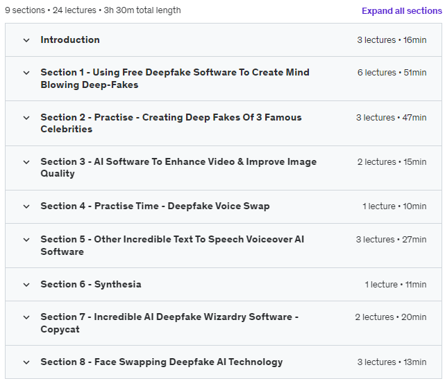 Course topics · Udemy — DeepFake & Voice Cloning Mastery: Machine Learning Made EASY 2023-8
