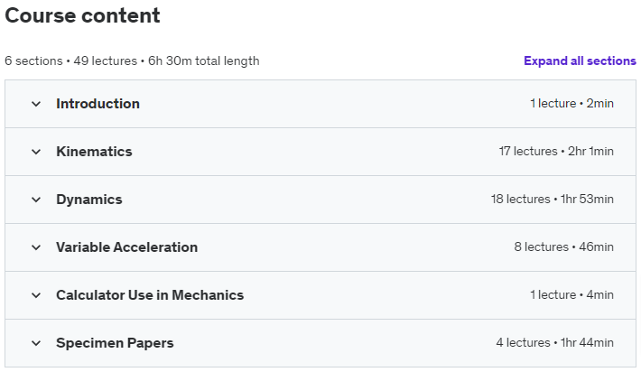 Course topics · Udemy — A-Level Maths: Mechanics (Year 1 / AS) 2021-8