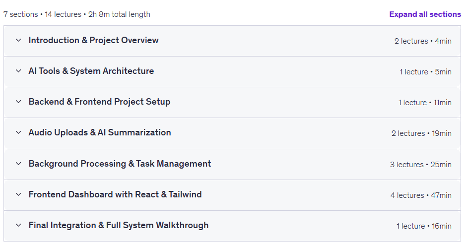 Course topics · Udemy — AI Meeting Note Taker – Full Stack AI Web Development 2025-12