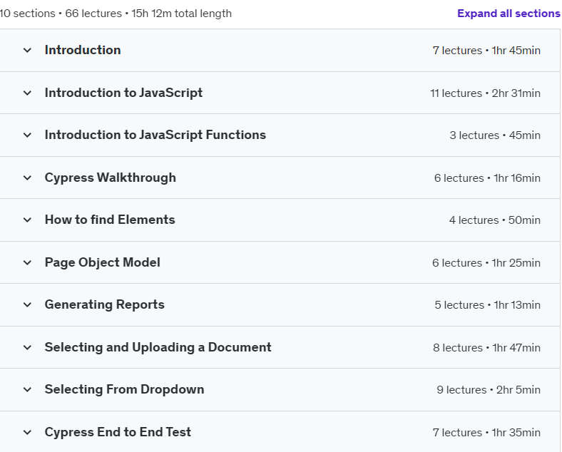 Course topics · Cypress Mastery :Software Automation Testing with JavaScript 2024-5