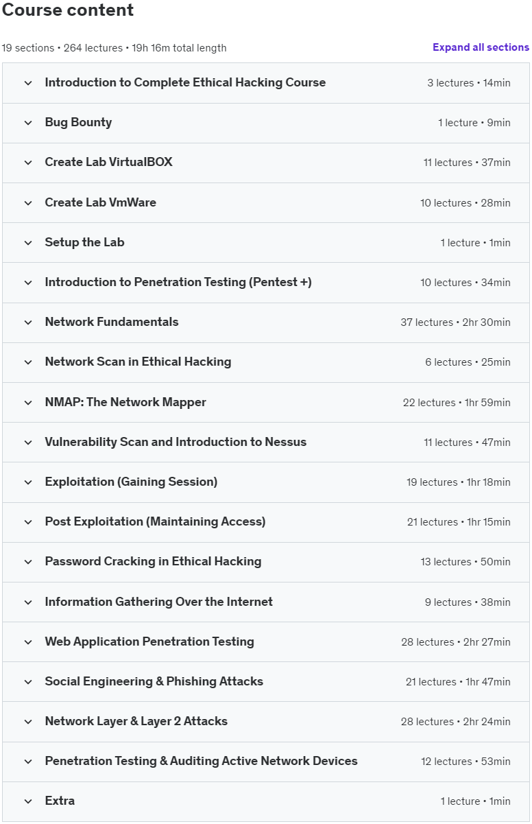 Course topics · Udemy — Penetration Testing and Ethical Hacking Complete Hands-on 2023-3