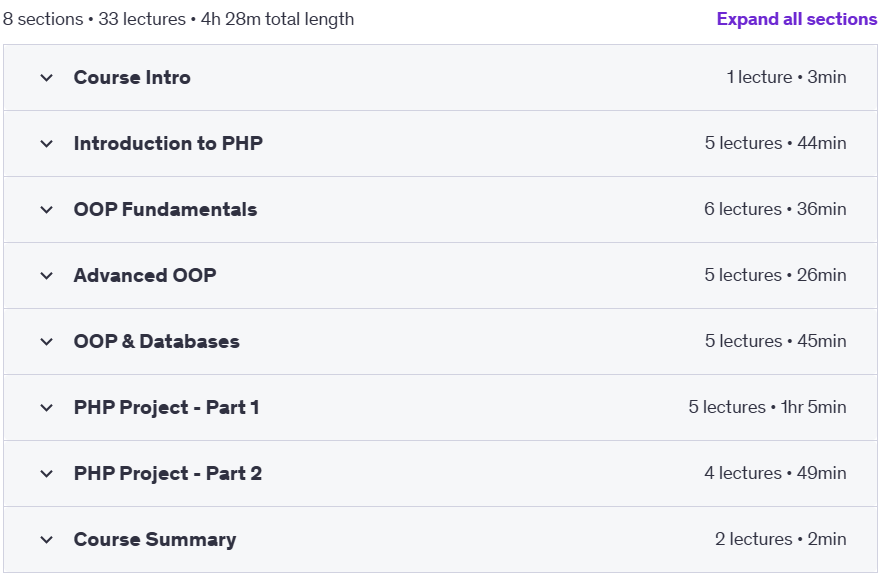 Course topics · Learn Object Oriented PHP By Building a Complete Website 2018-11